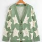 Green Sherpa Star Pattern Textured Sweater Cardigan with Pockets