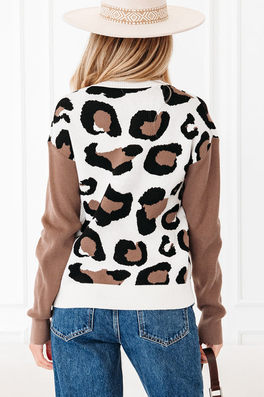 Jet Stream Leopard Print Color Block Patchwork Sleeve V Neck Sweater
