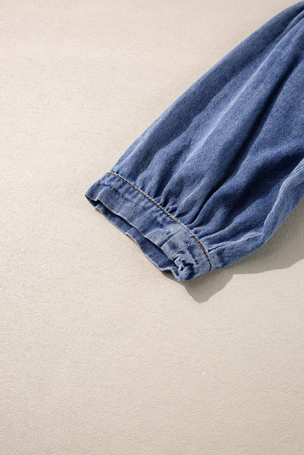 Denim Chambray 3/4 Sleeve Ruffled Patched Pocket Blouse