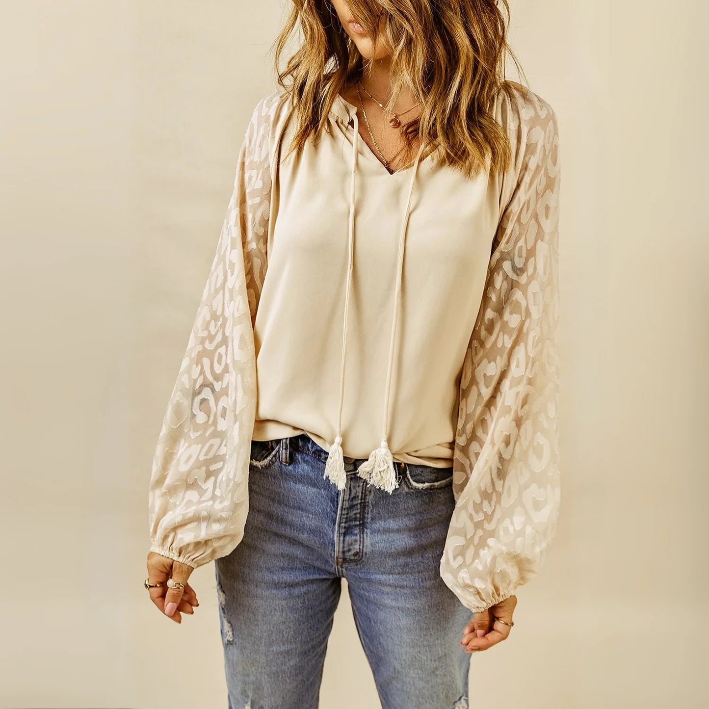 Beige Leopard Mesh Bubble Sleeve Split Neck Blouse