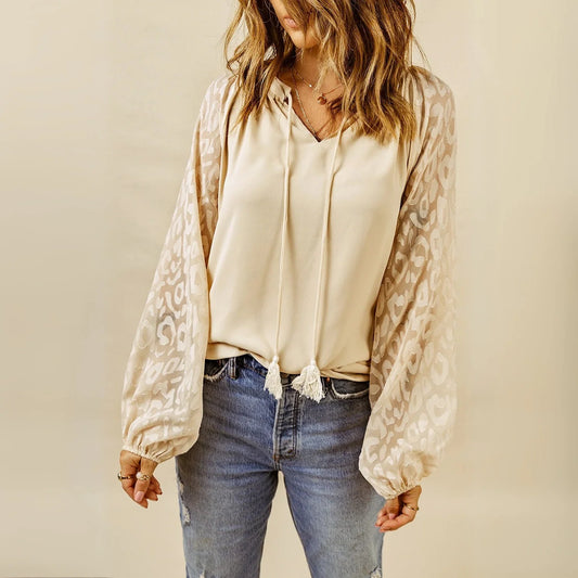 Beige Leopard Mesh Bubble Sleeve Split Neck Blouse