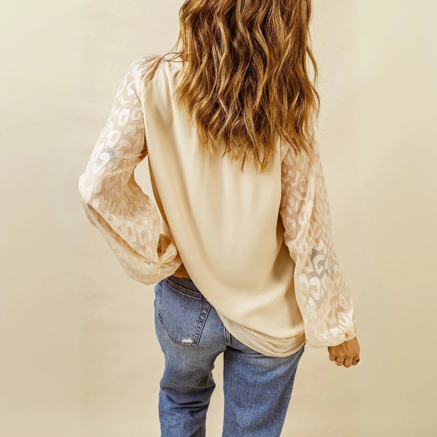 Beige Leopard Mesh Bubble Sleeve Split Neck Blouse