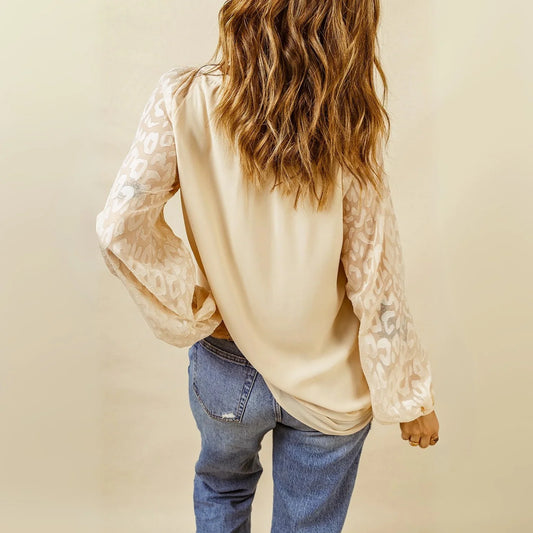 Beige Leopard Mesh Bubble Sleeve Split Neck Blouse