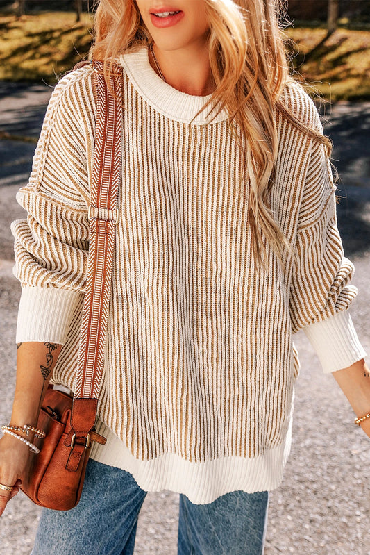 Relaxed Fit Chestnut Striped Textured Sweater