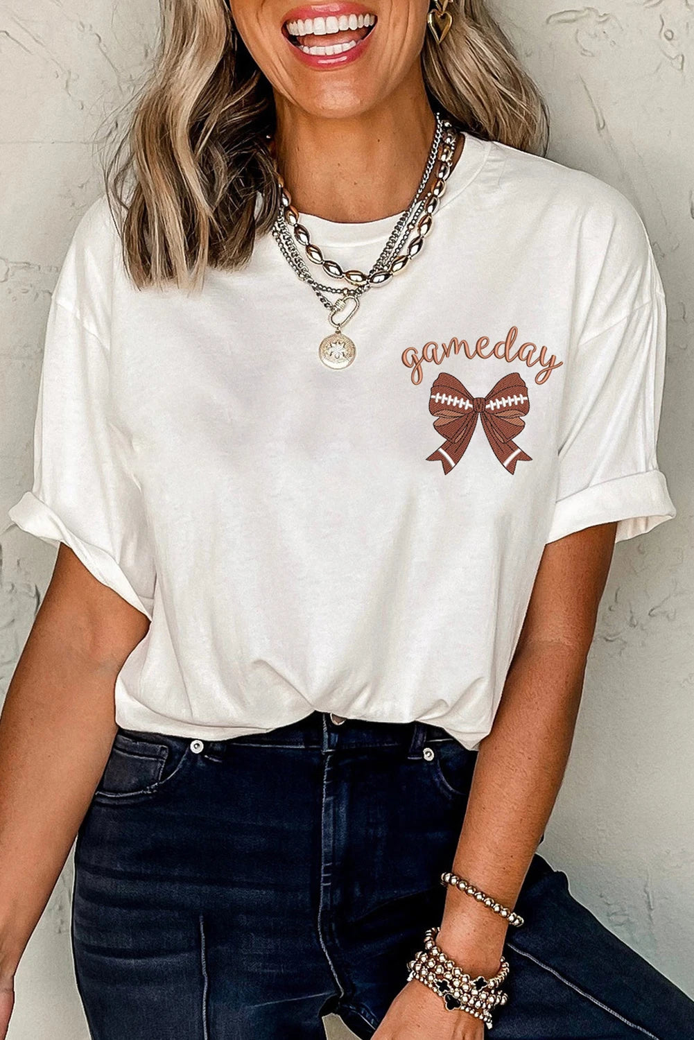 White Game Day Bowknot Embroidered Graphic Tee