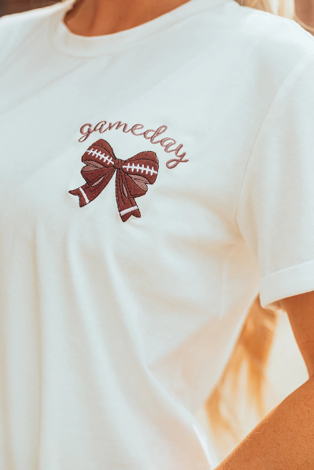 White Game Day Bowknot Embroidered Graphic Tee