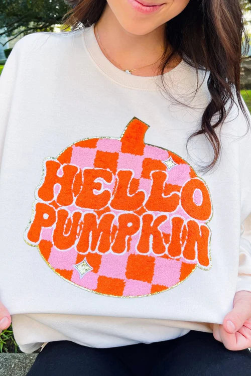 *CLEARANCE* White Terry Pumpkin EMBELLISHED Patch Pullover Sweatshirt