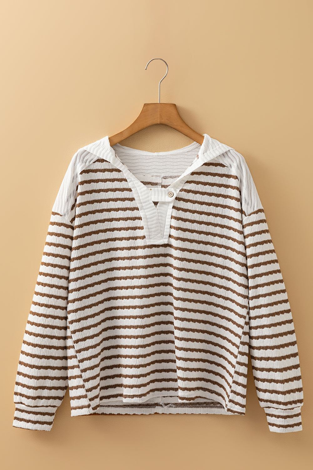 Khaki Stripe Textured Hooded V Neck Long Sleeve Top