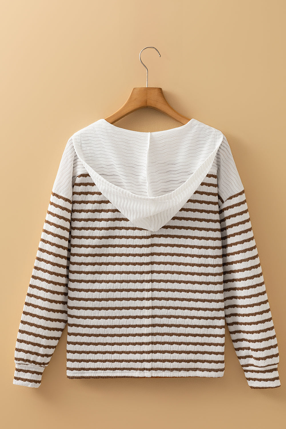 Khaki Stripe Textured Hooded V Neck Long Sleeve Top