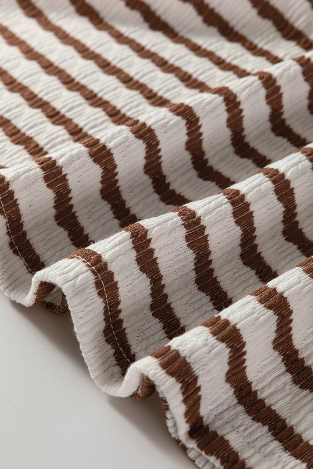 Khaki Stripe Textured Hooded V Neck Long Sleeve Top