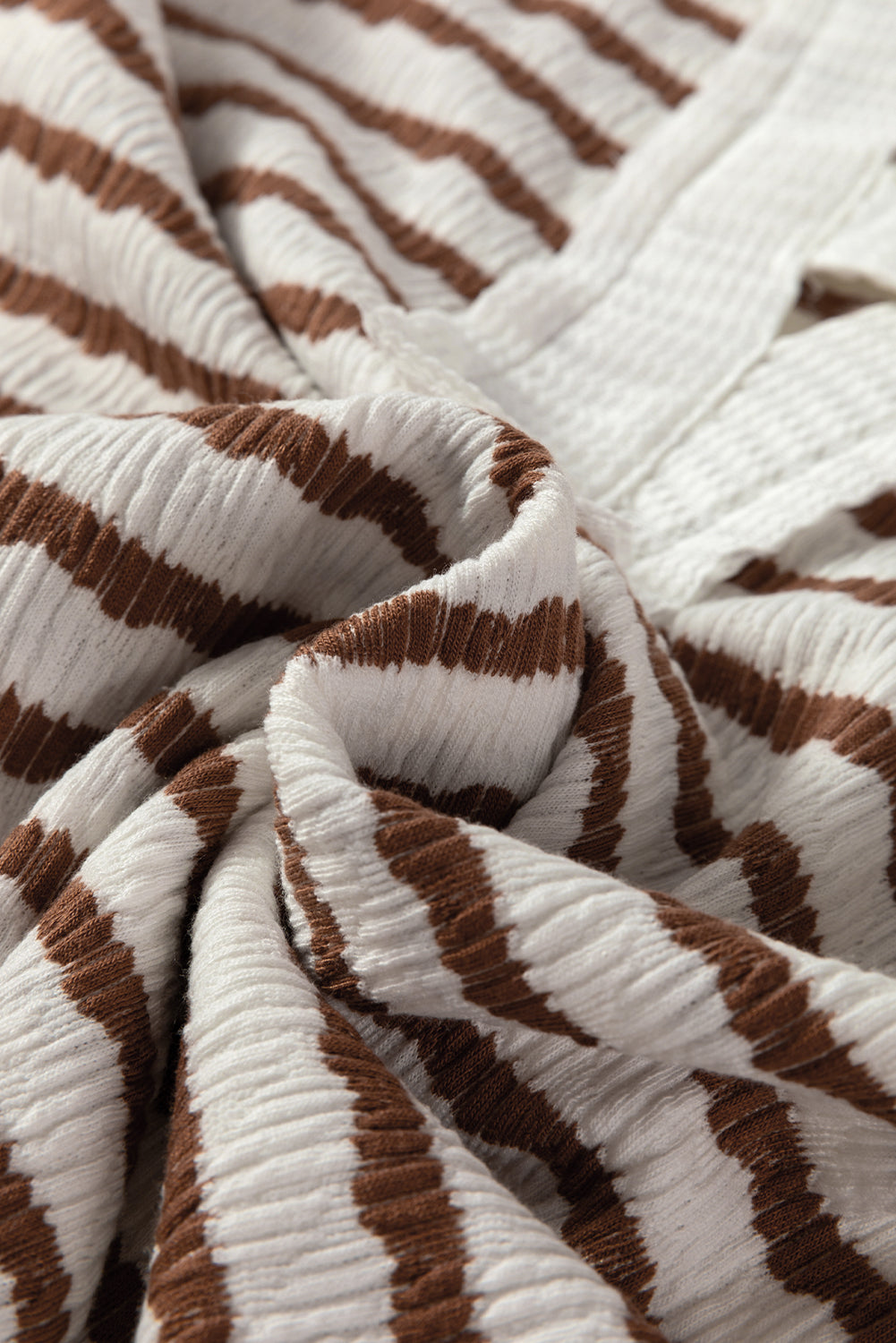 Khaki Stripe Textured Hooded V Neck Long Sleeve Top