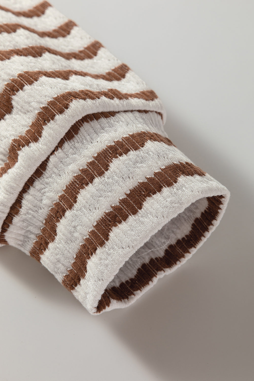 Khaki Stripe Textured Hooded V Neck Long Sleeve Top