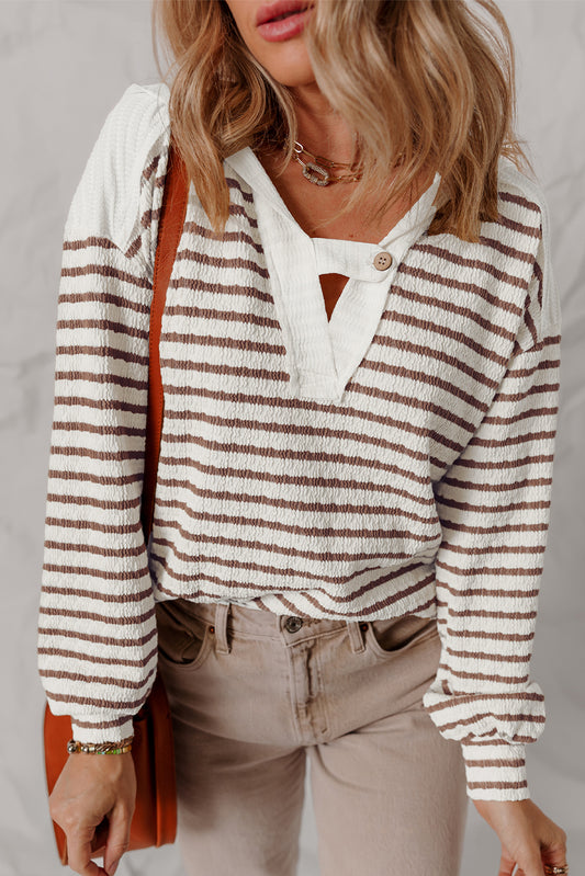 Khaki Stripe Textured Hooded V Neck Long Sleeve Top