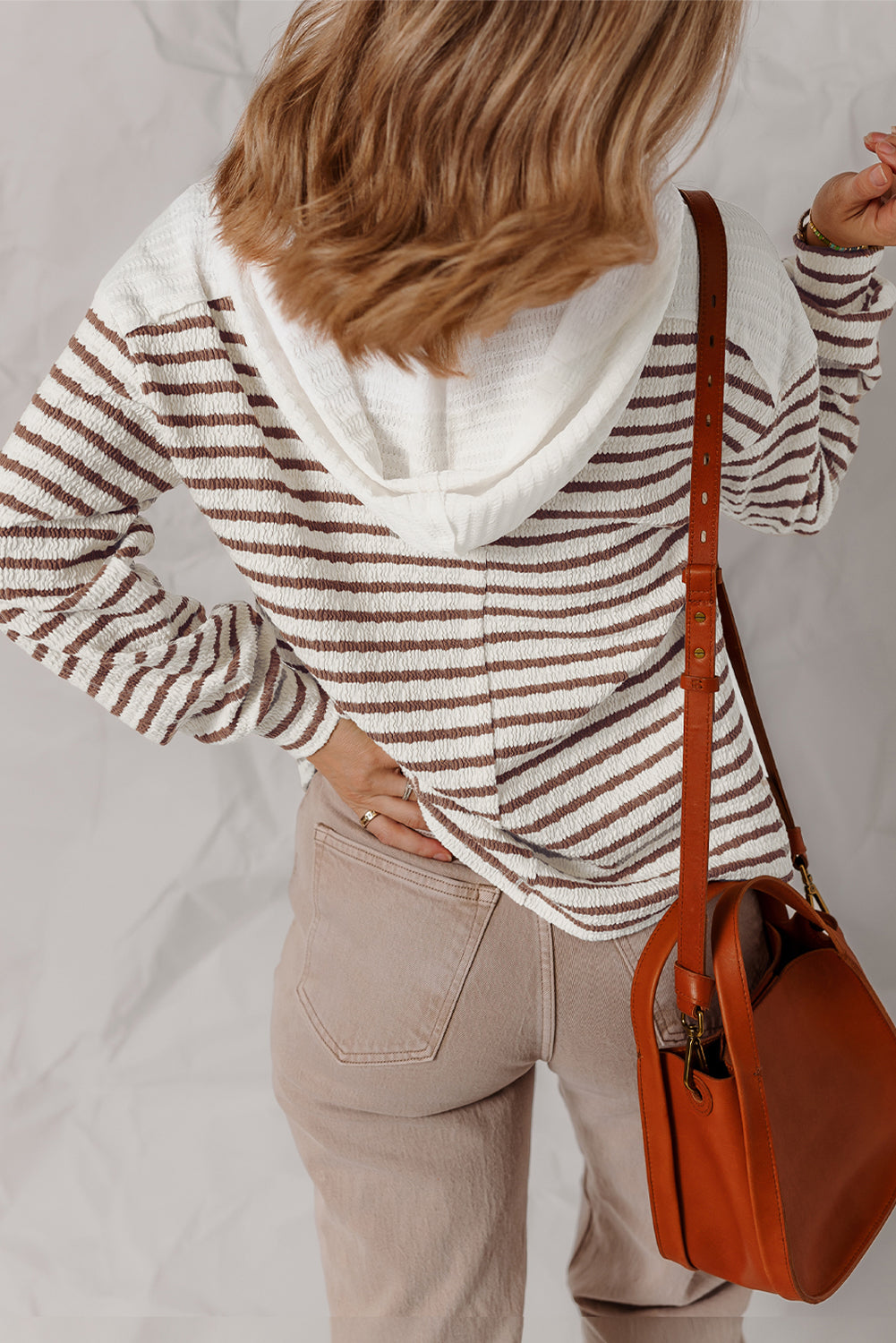 Khaki Stripe Textured Hooded V Neck Long Sleeve Top