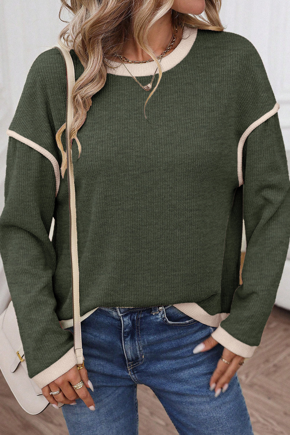 Four Leaf Clover Contrast Color Trim Knit Top