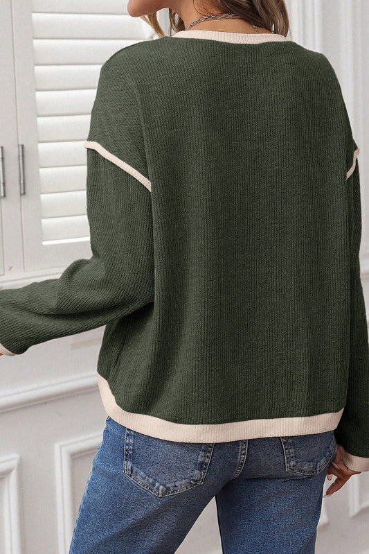 Four Leaf Clover Contrast Color Trim Knit Top