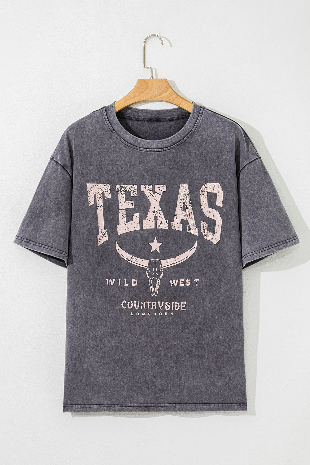 Oversized Grey Mineral Wash TEXAS Steer Head Graphic Tee
