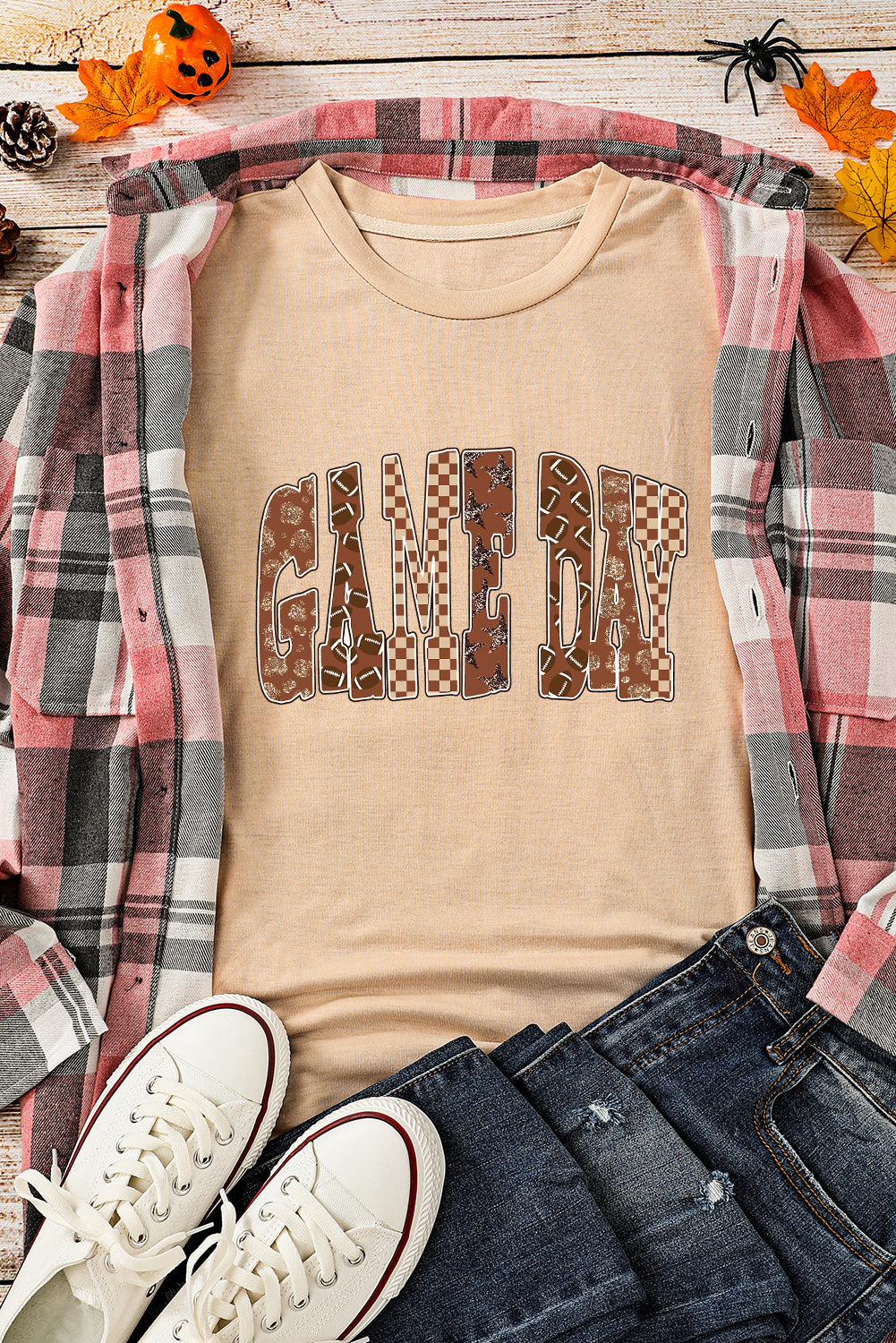 Khaki GAME DAY Rugby Checkered Letter Graphic Tee