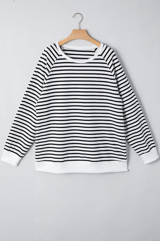 Black Stripe Raglan Sleeve Side Slits Sweatshirt
