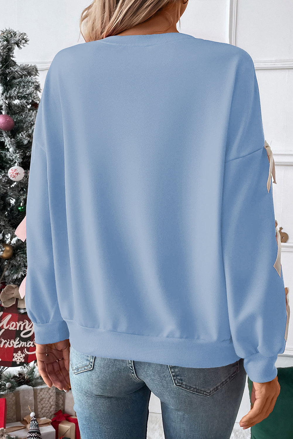 Blue with Ivory Bow Detail Sleeve Crewneck Sweatshirt