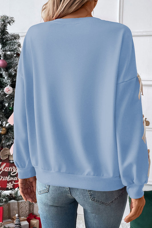 Blue with Ivory Bow Detail Sleeve Crewneck Sweatshirt