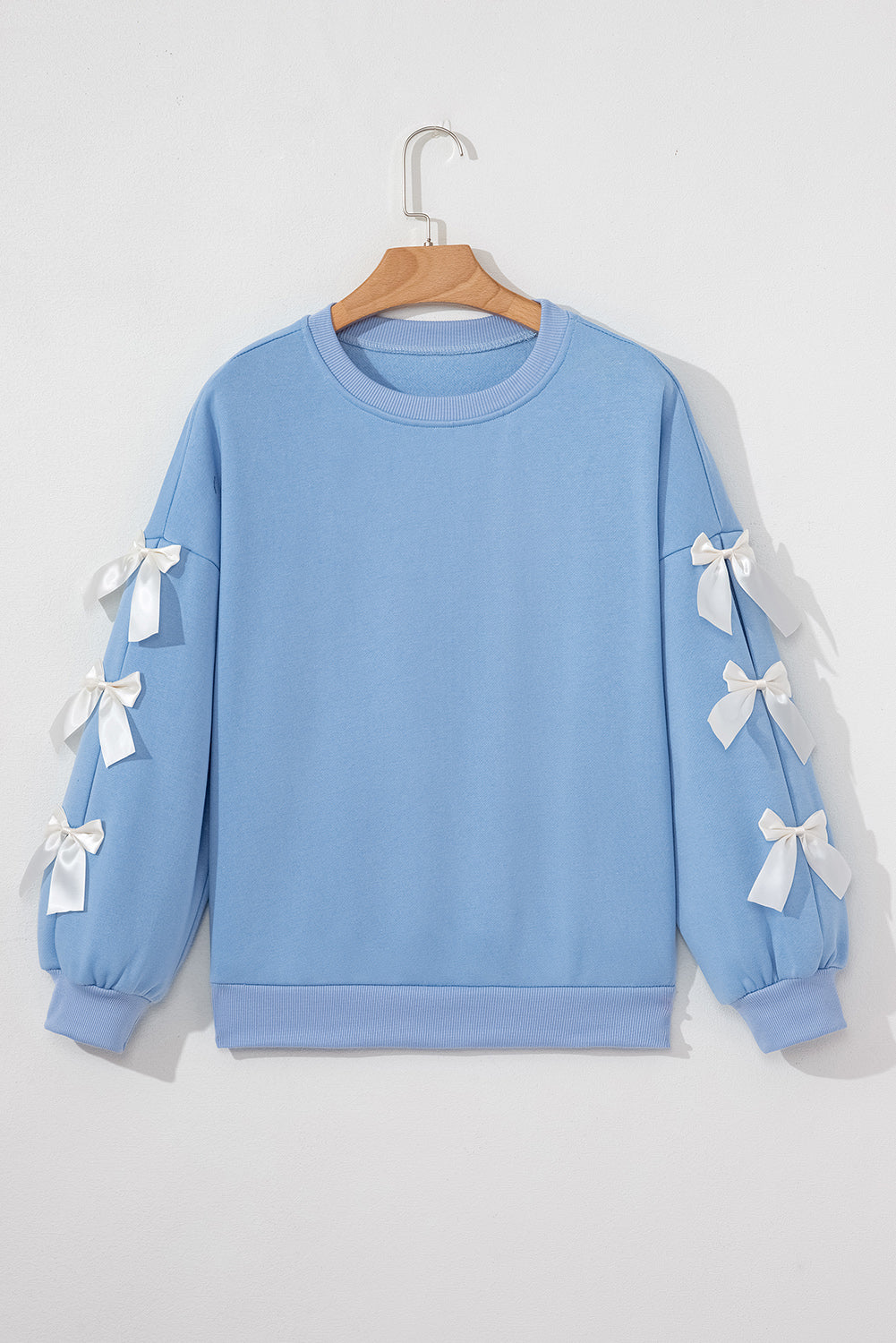 Blue with Ivory Bow Detail Sleeve Crewneck Sweatshirt