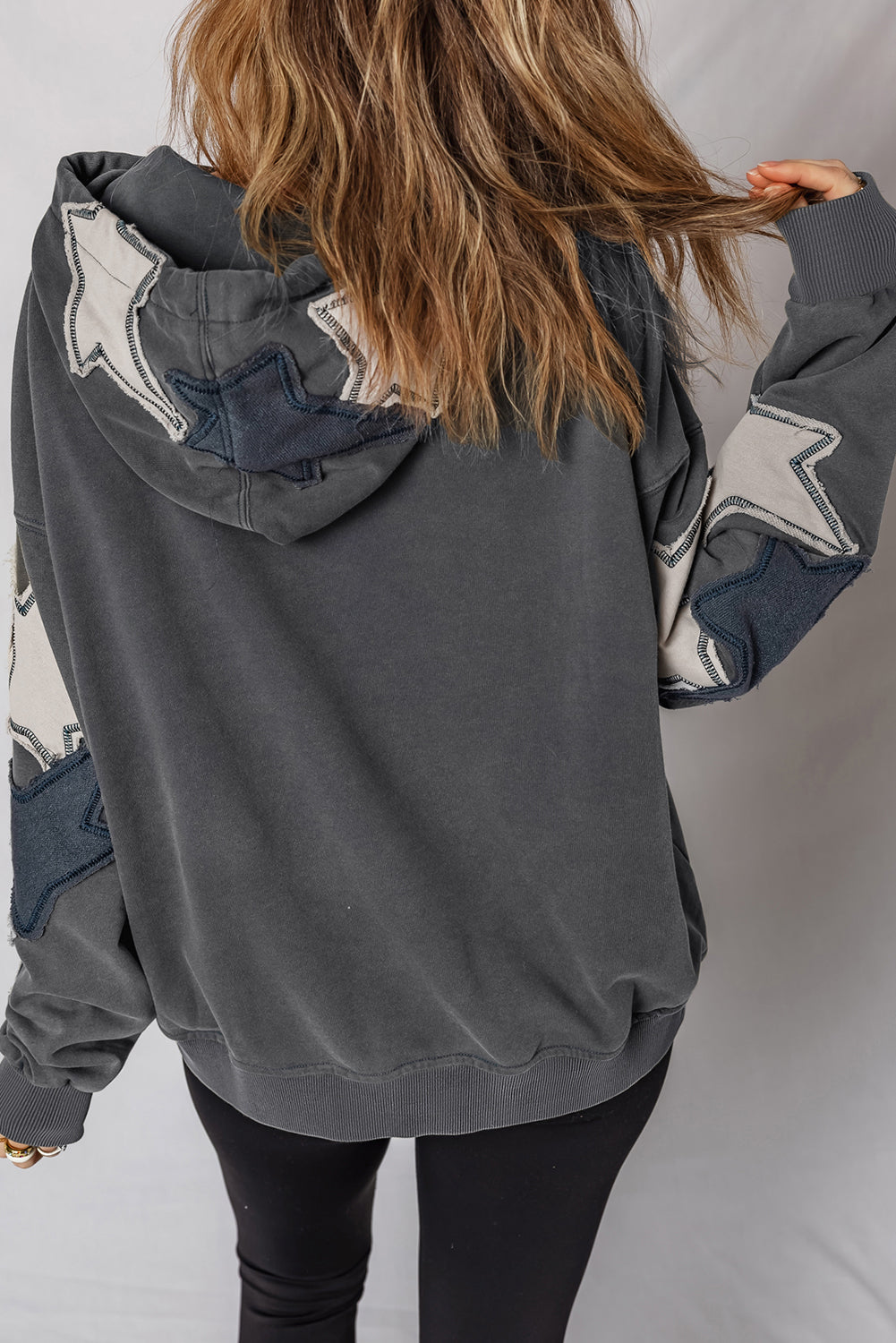 Grey Mineral Wash Star Patchwork Kangaroo Pocket Vintage Hoodie