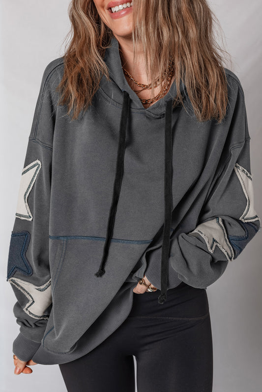 Grey Mineral Wash Star Patchwork Kangaroo Pocket Vintage Hoodie