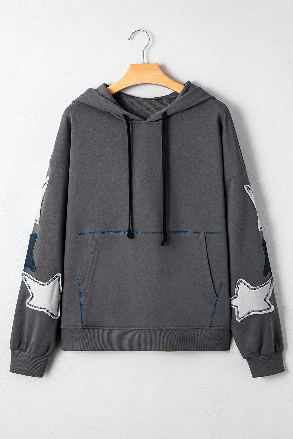 Grey Mineral Wash Star Patchwork Kangaroo Pocket Vintage Hoodie