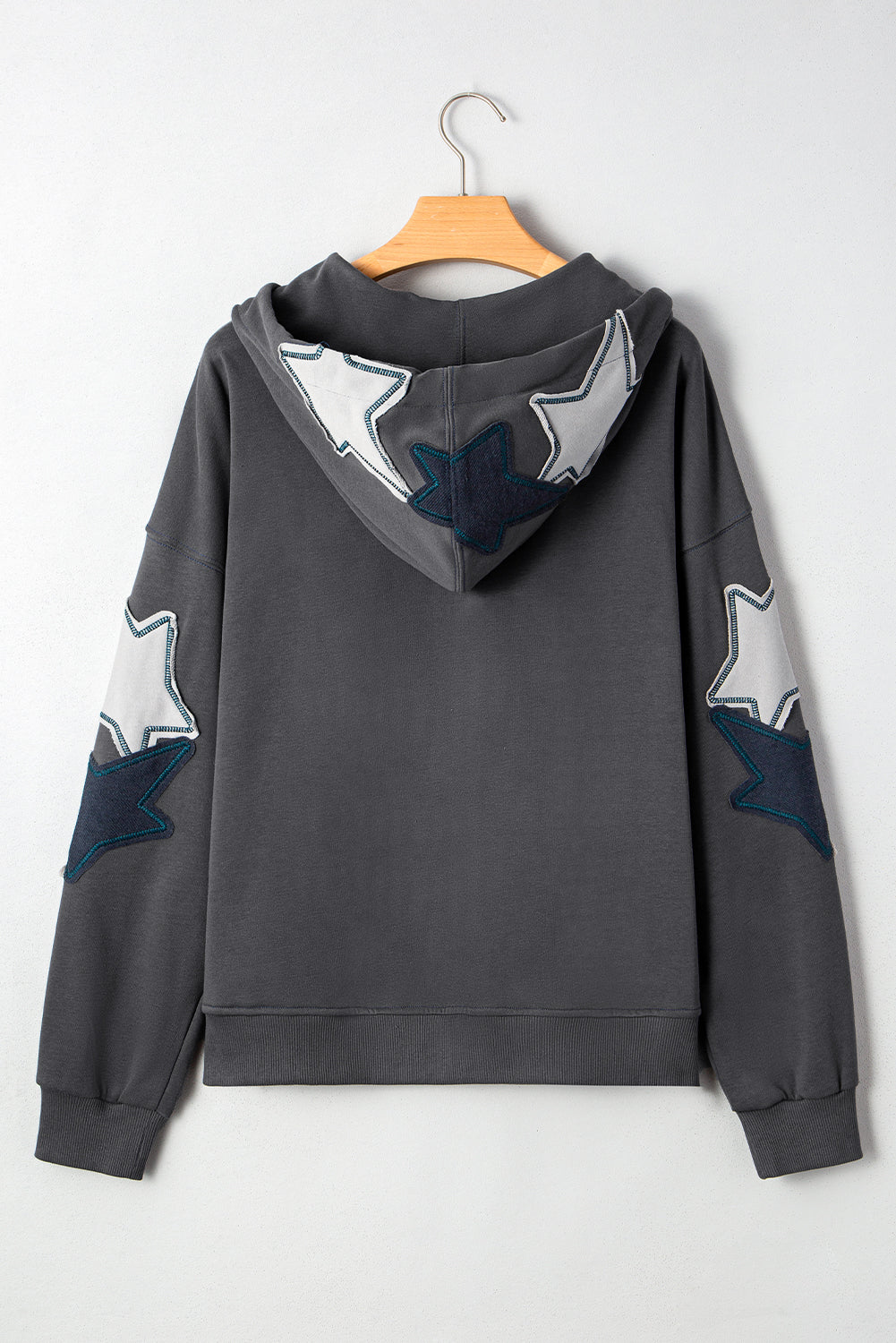 Grey Mineral Wash Star Patchwork Kangaroo Pocket Vintage Hoodie