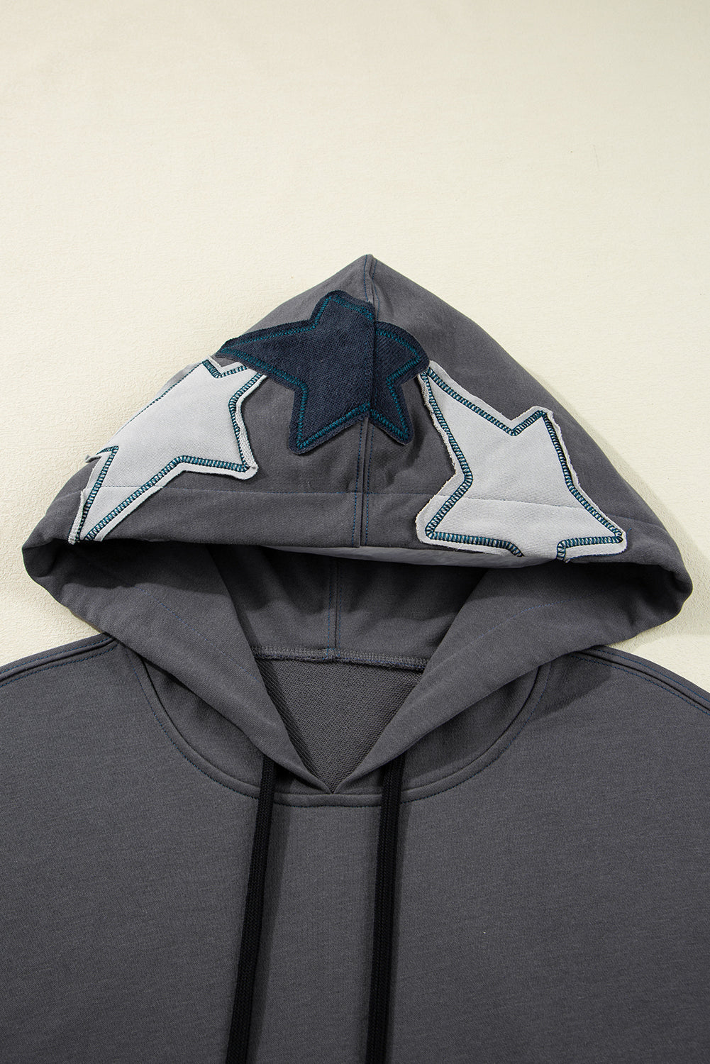 Grey Mineral Wash Star Patchwork Kangaroo Pocket Vintage Hoodie