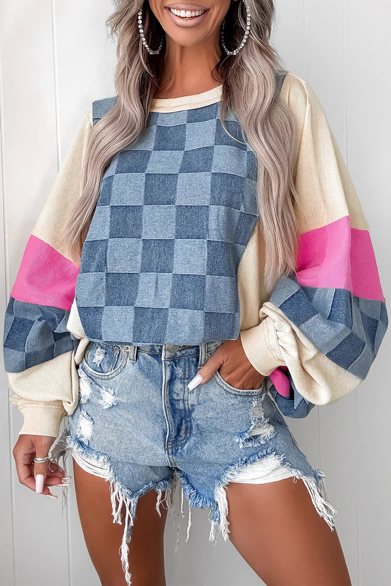 Sky Blue Oversized Checkered Denim Patchwork Sweatshirt