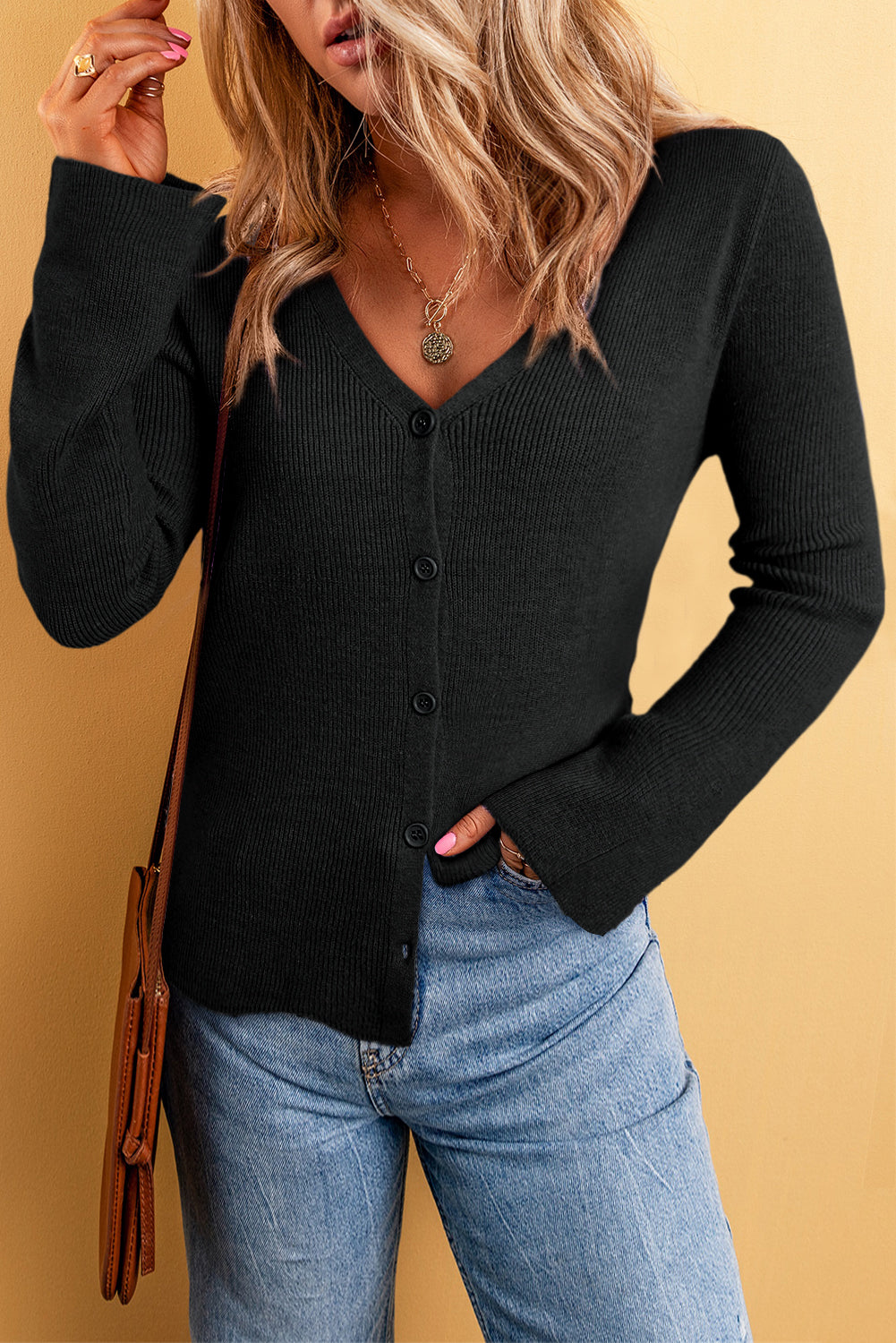 Black Lightweight Ribbed Knit Button Front V Neck Cardigan