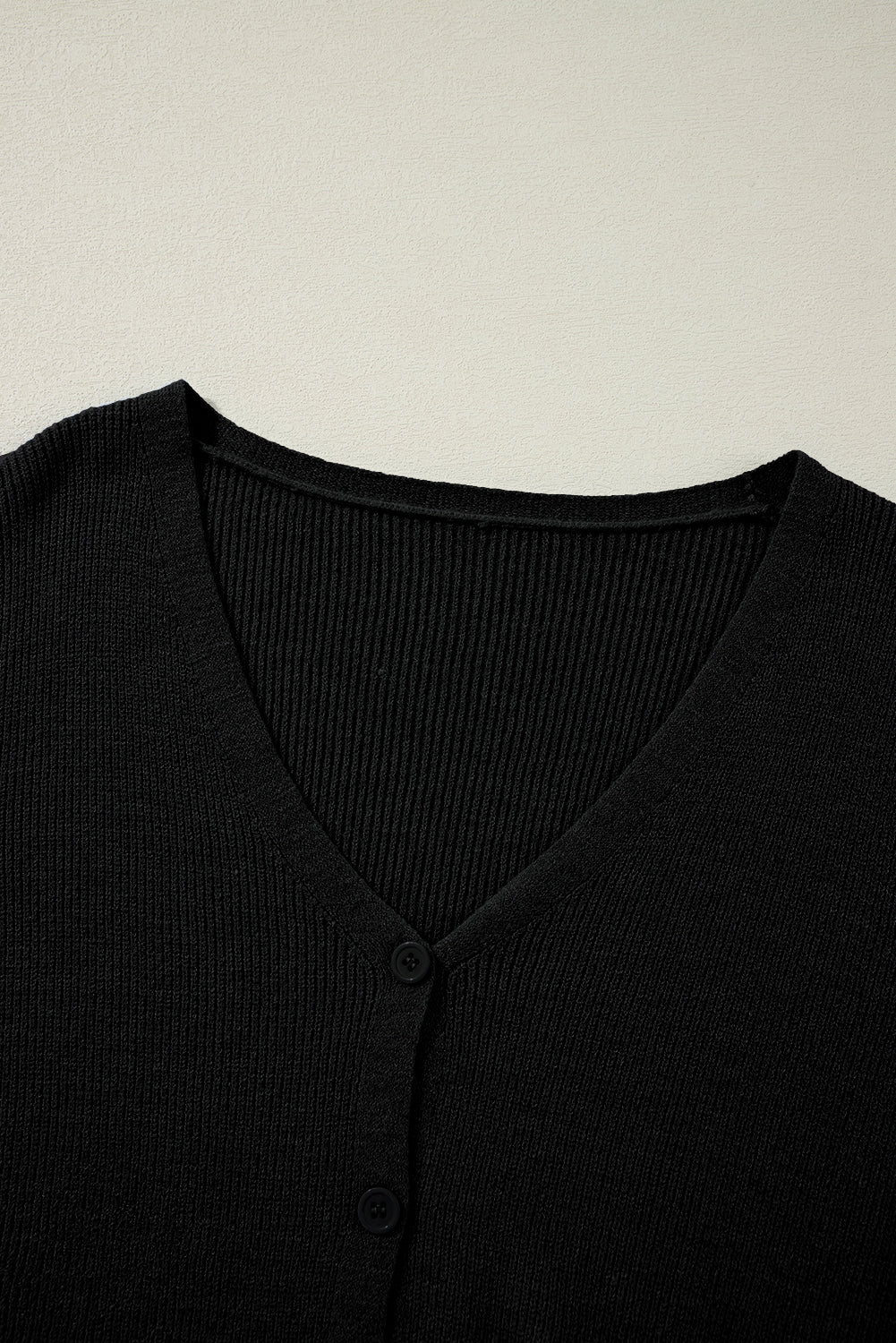 Black Lightweight Ribbed Knit Button Front V Neck Cardigan