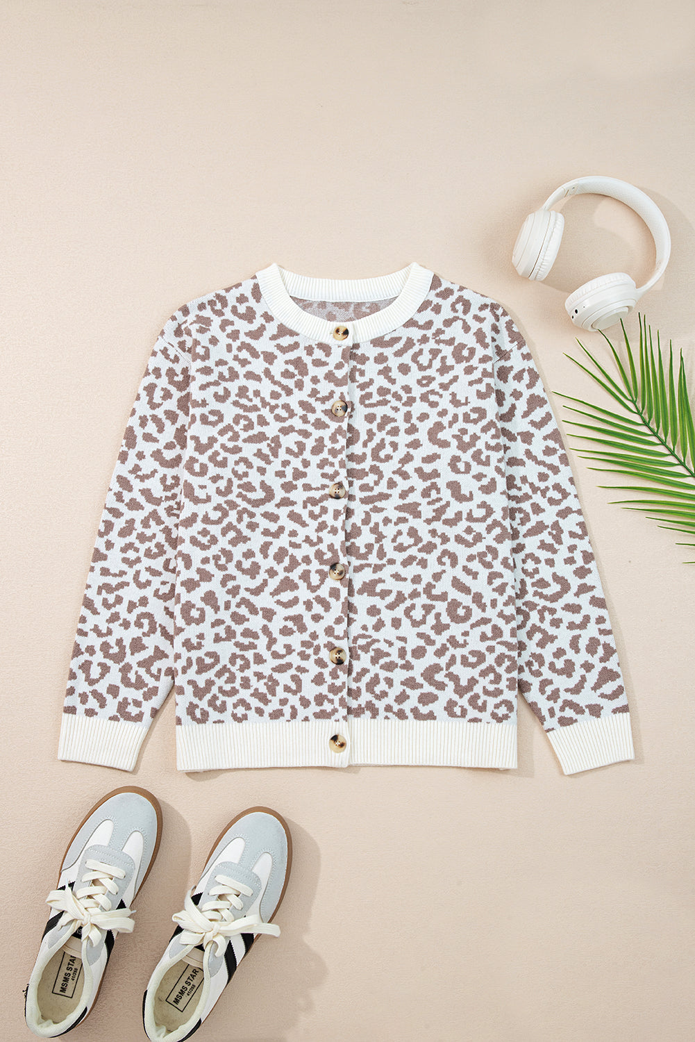 Khaki Leopard Knitted Cardigan Sweater