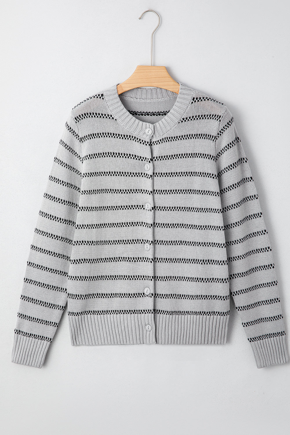 Gray Stripe Button Front Ribbed Trim Short Cardigan