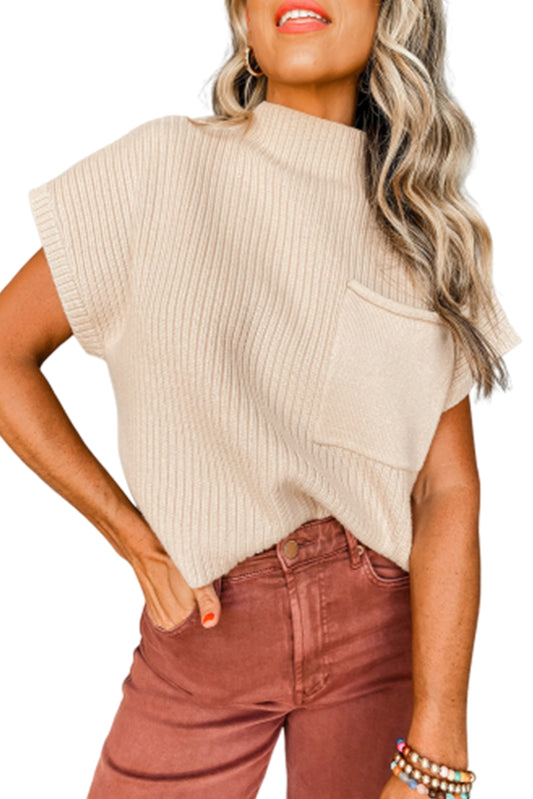 Oatmeal- Patch Pocket Ribbed Knit Short Sleeve Sweater