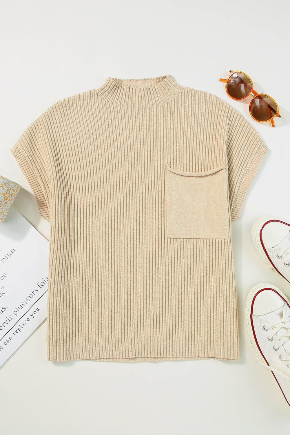 Oatmeal- Patch Pocket Ribbed Knit Short Sleeve Sweater