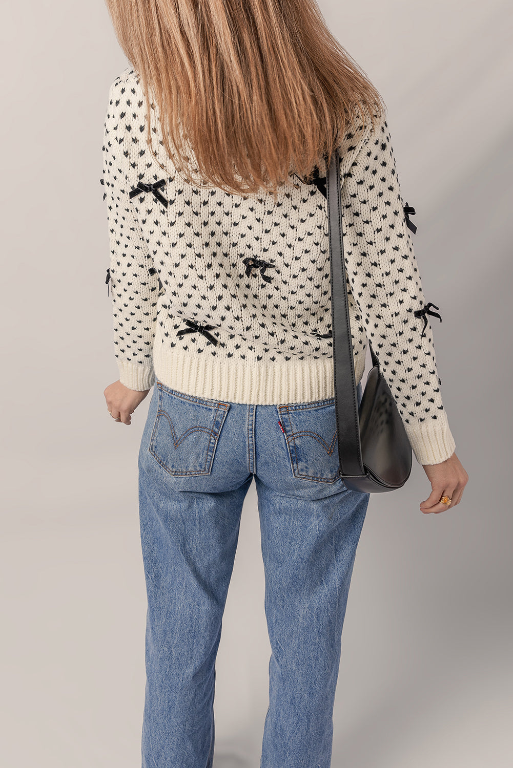 Ivory & Black Bow Dot Ribbed Edge Crew Neck Sweater
