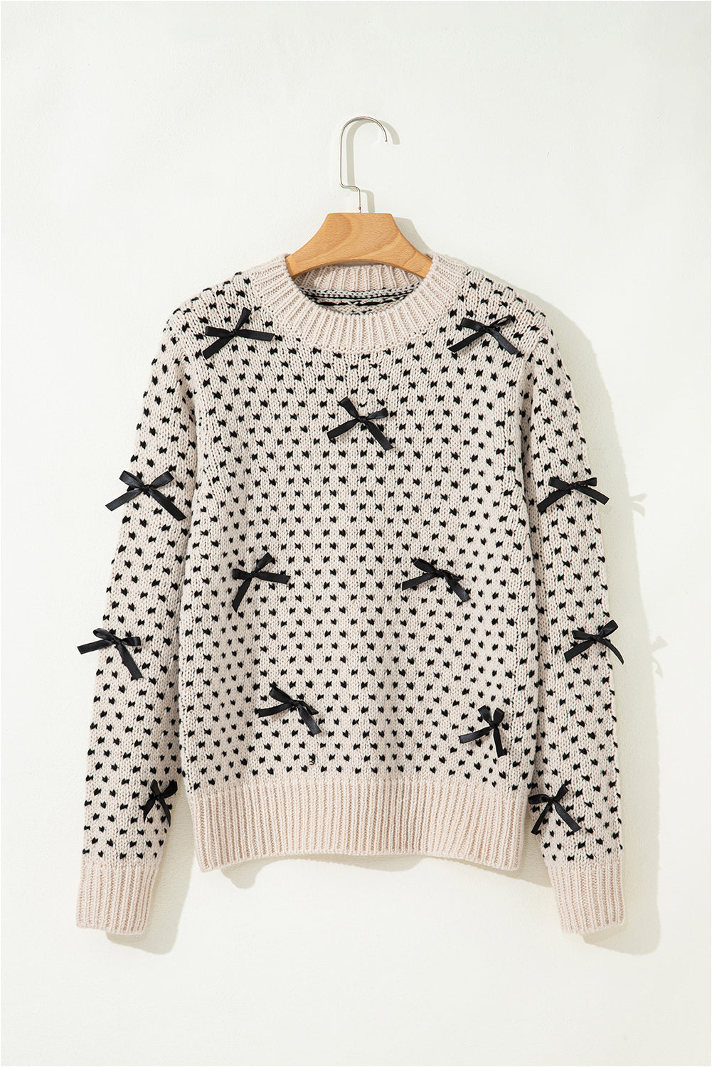 Ivory & Black Bow Dot Ribbed Edge Crew Neck Sweater