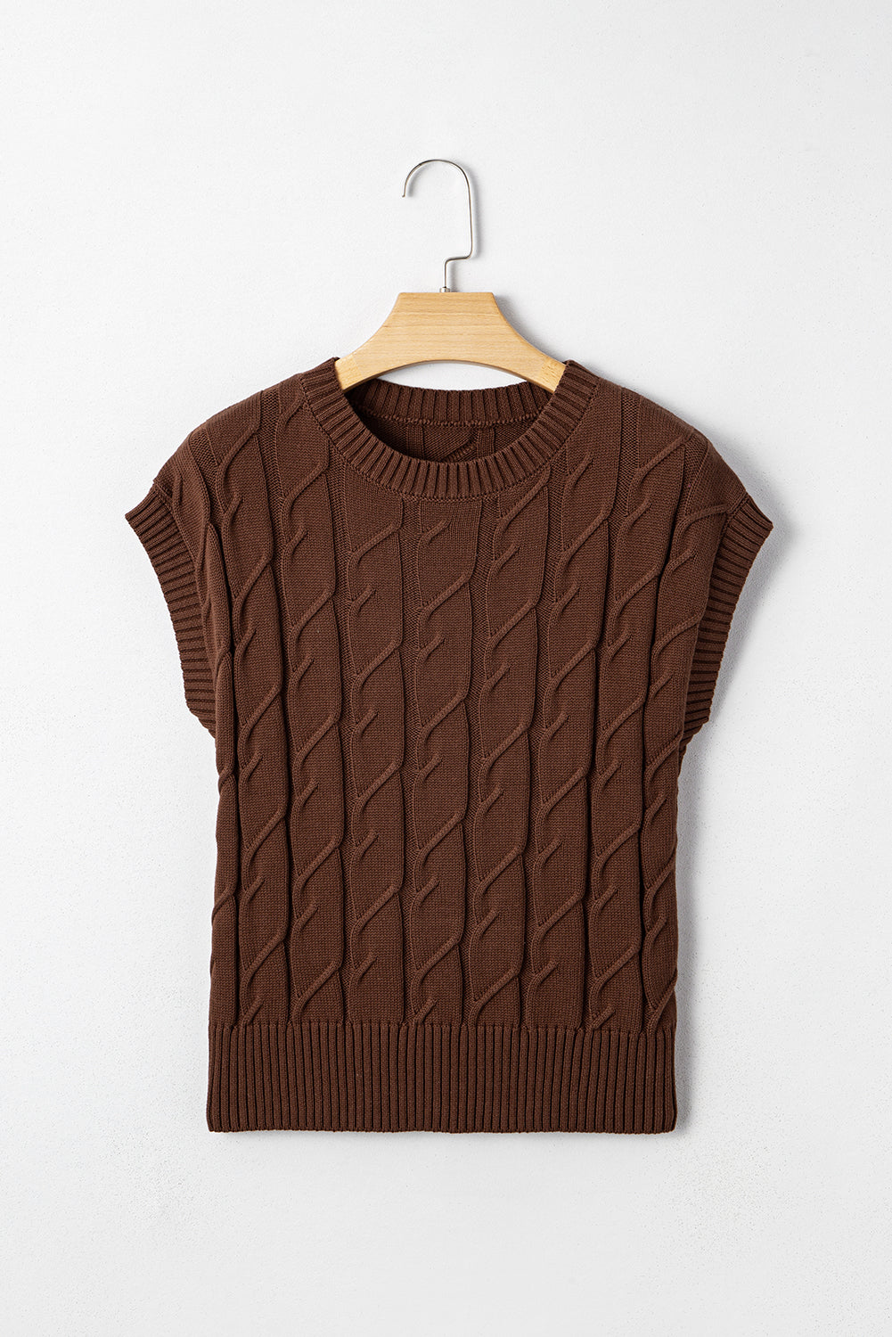 Dark Brown Cable Texture Crew Neck Short Sleeve Sweater Top