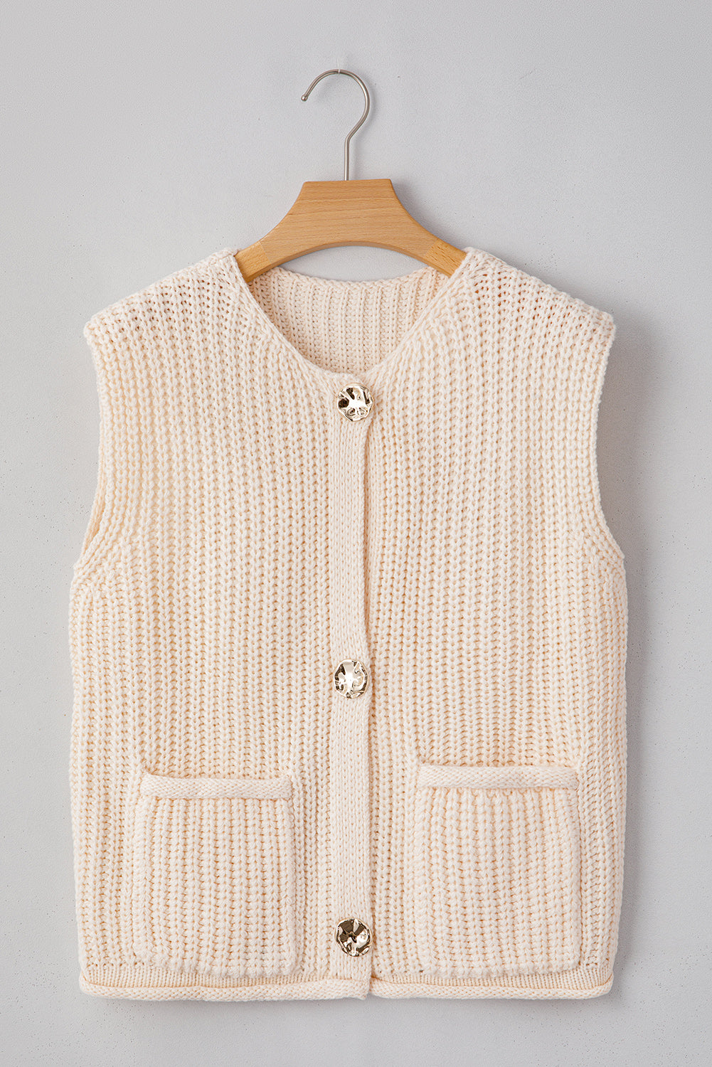 Off White Solid Textured Knit Side Pockets Buttoned Sweater Vest
