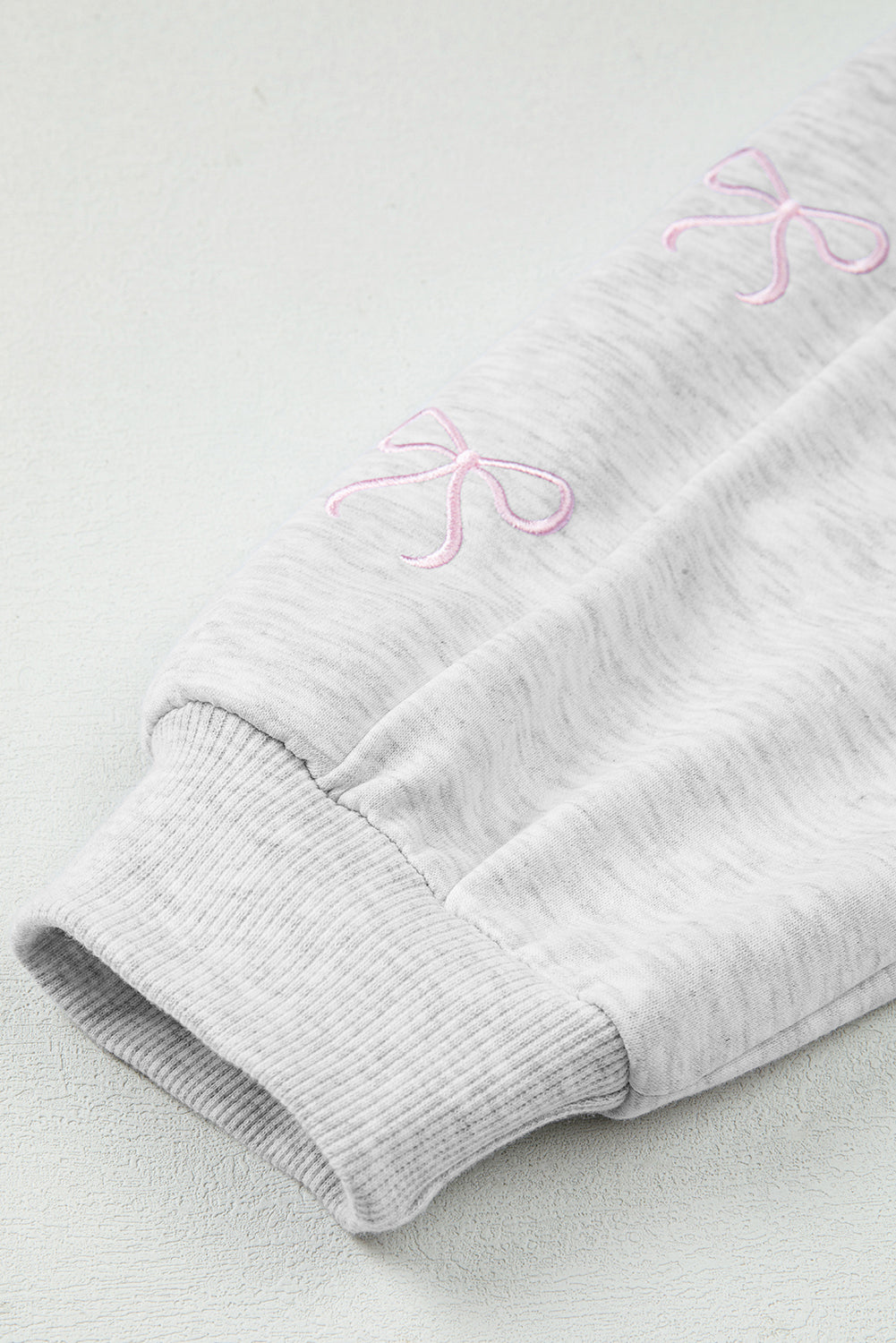 2pc Light Grey Bow Embroidered Detail Puff Sleeve Pullover Short Set