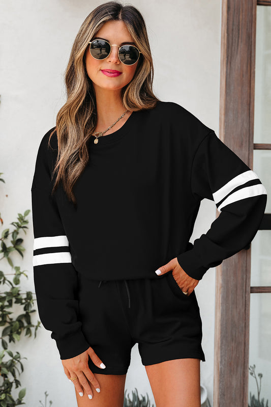 2pc Black Varsity Striped Sleeve Drop Shoulder Sweatshirt & Short Set
