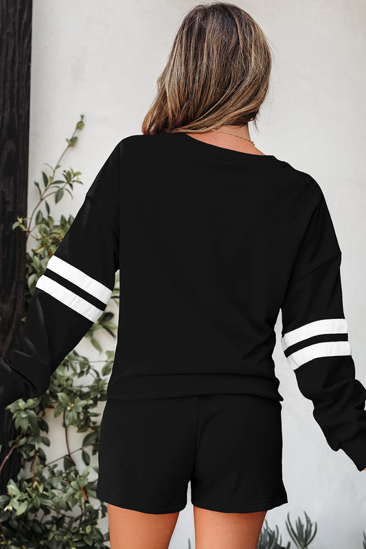 2pc Black Varsity Striped Sleeve Drop Shoulder Sweatshirt & Short Set