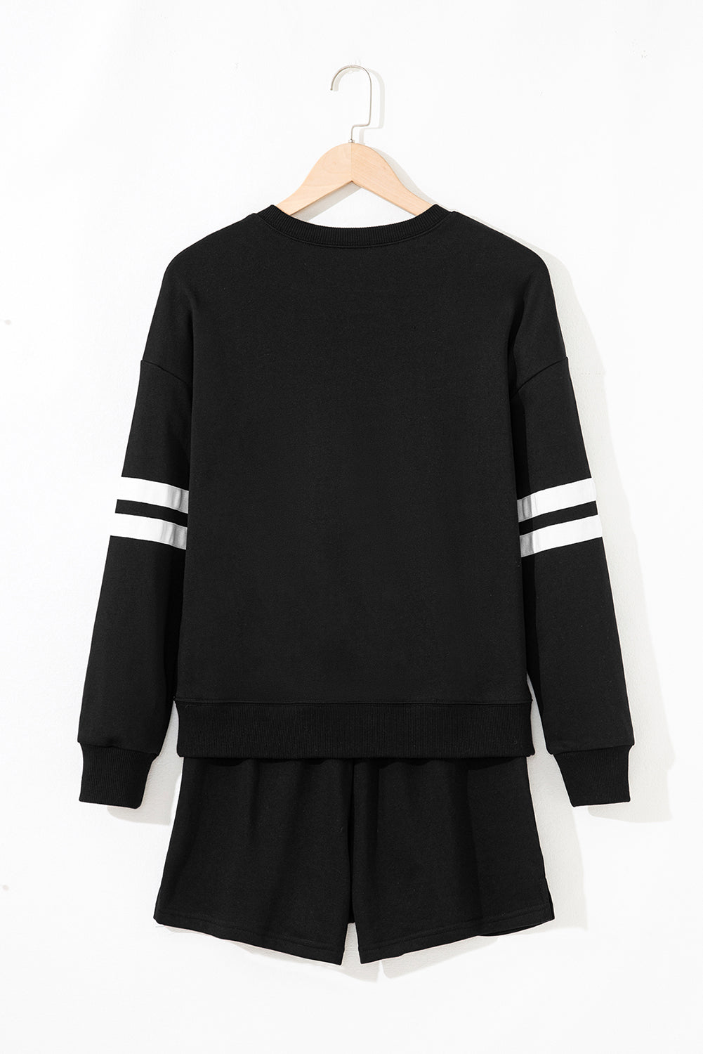 2pc Black Varsity Striped Sleeve Drop Shoulder Sweatshirt & Short Set