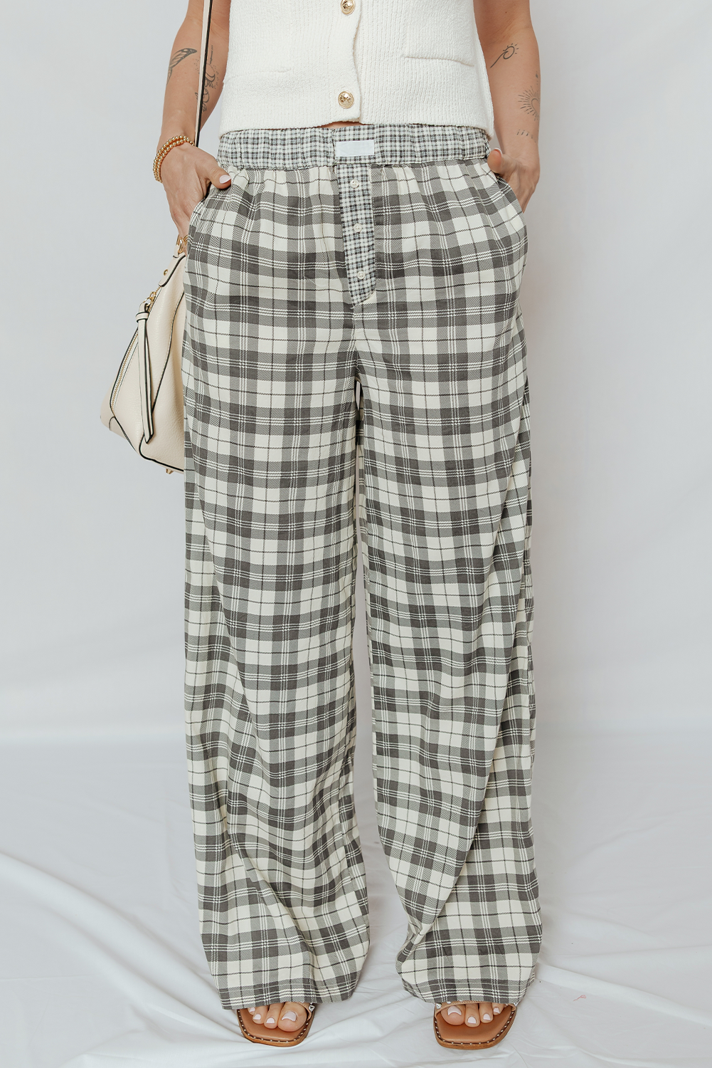 Gray-ish Green Plaid Wide Leg Lounge Pants