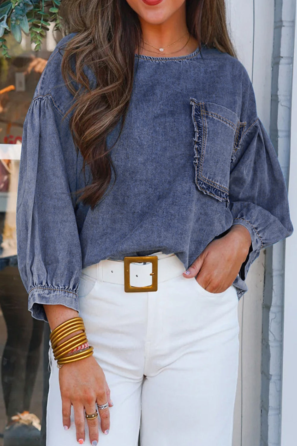 Denim Chambray 3/4 Sleeve Ruffled Patched Pocket Blouse