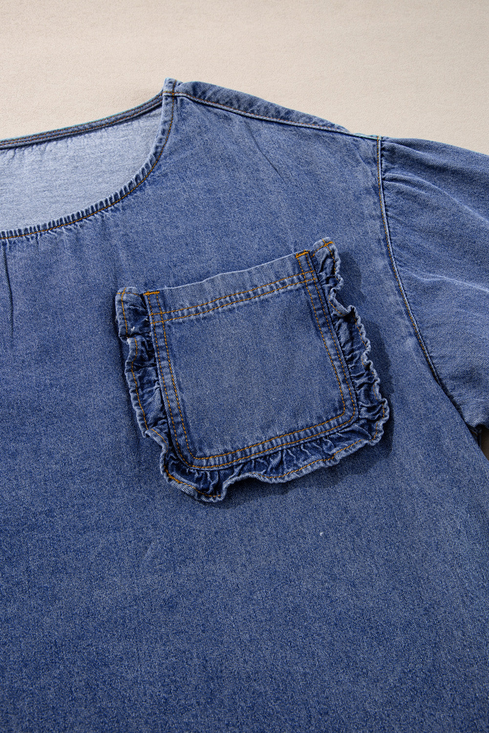 Denim Chambray 3/4 Sleeve Ruffled Patched Pocket Blouse