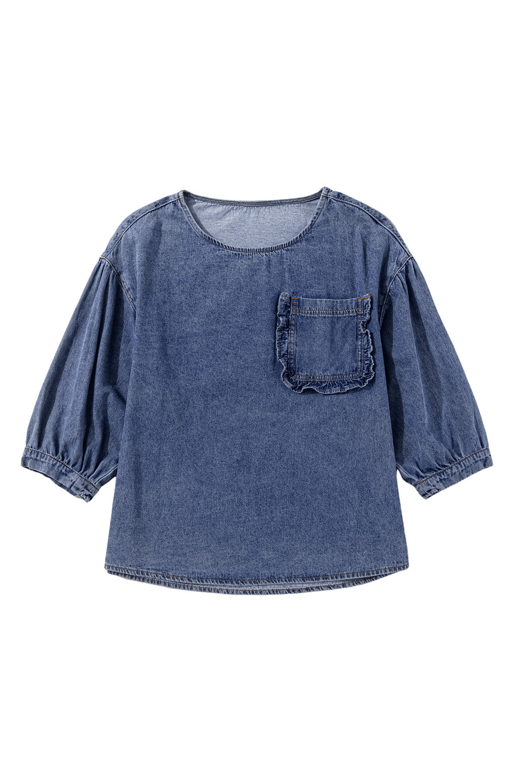 Denim Chambray 3/4 Sleeve Ruffled Patched Pocket Blouse